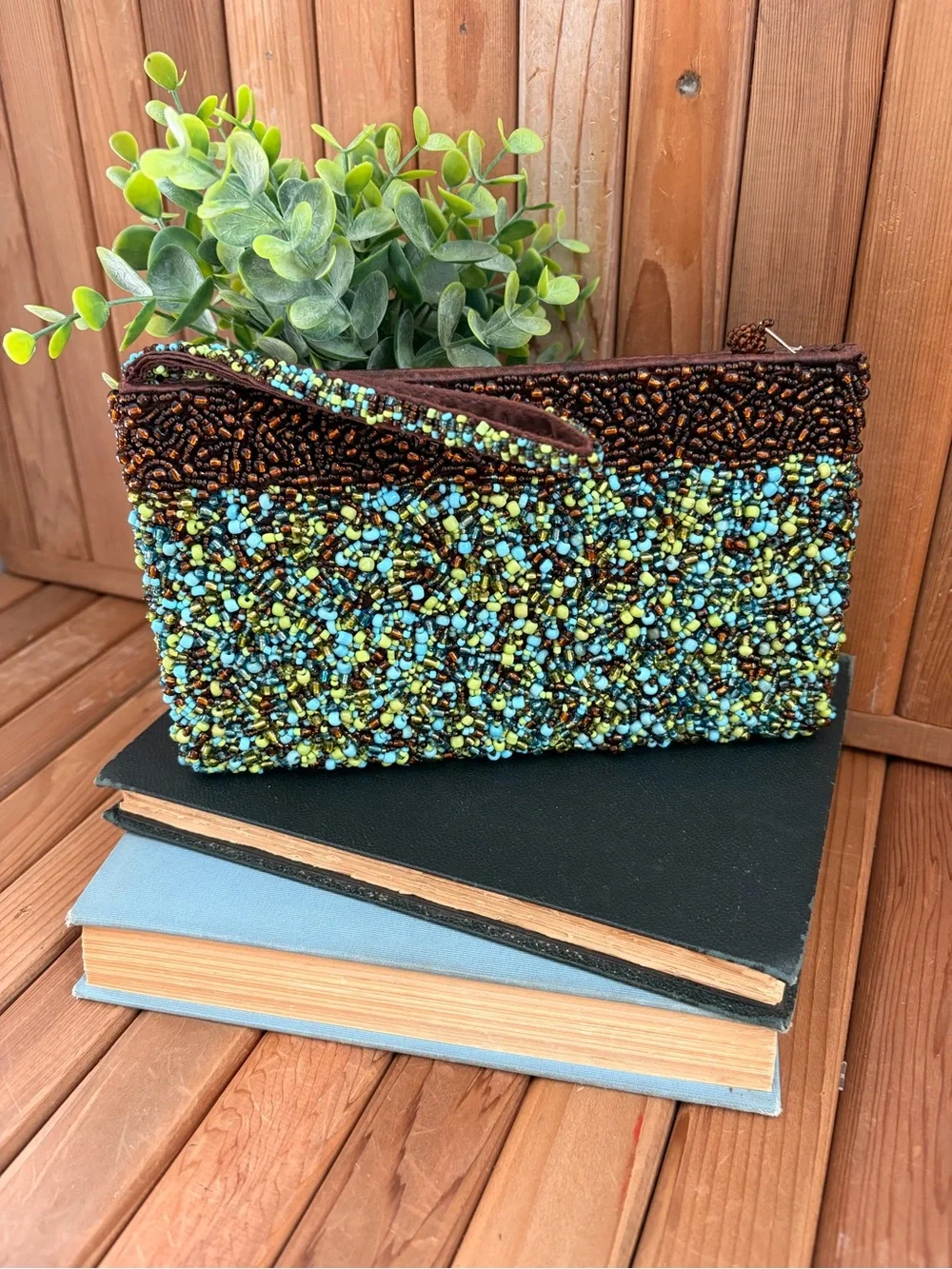 Hand Beaded Boho Clutch Wristlet in Brown Turquoise & Lime Green Seed Beads Y2K